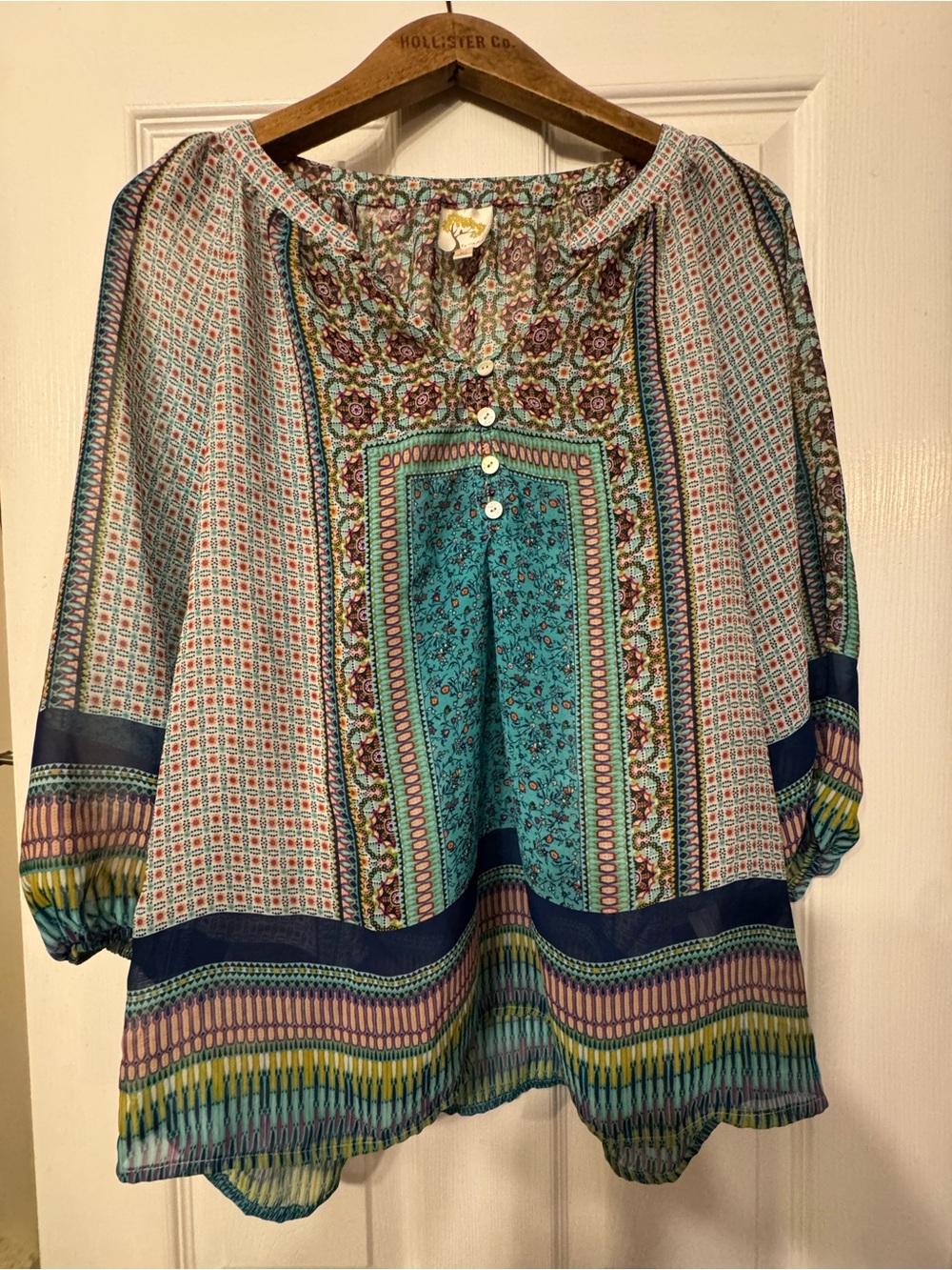 fig and flower Anthropology Teal Multi-Color Bohemian Peasant Blouse